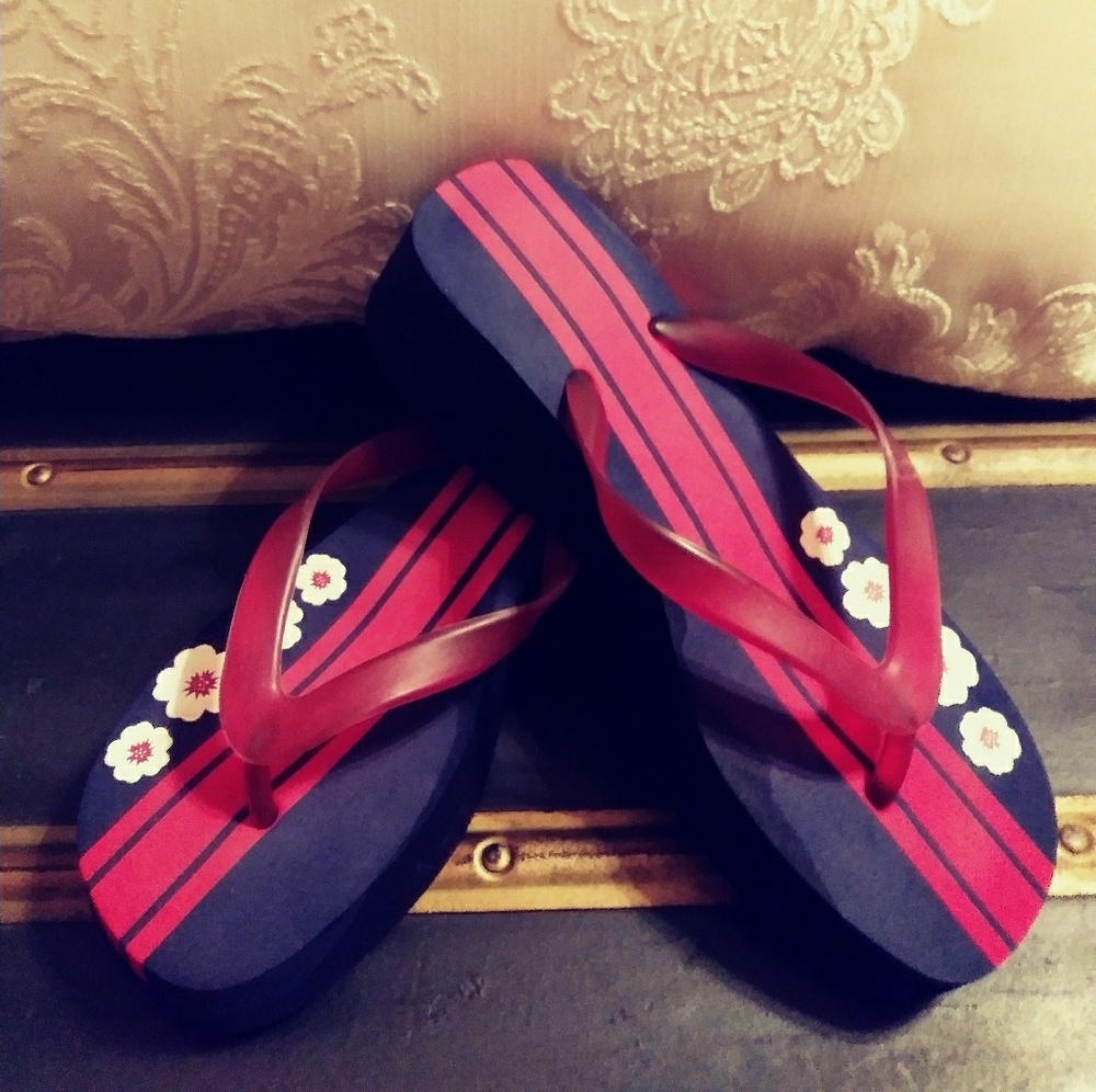 Red and blue flip flops